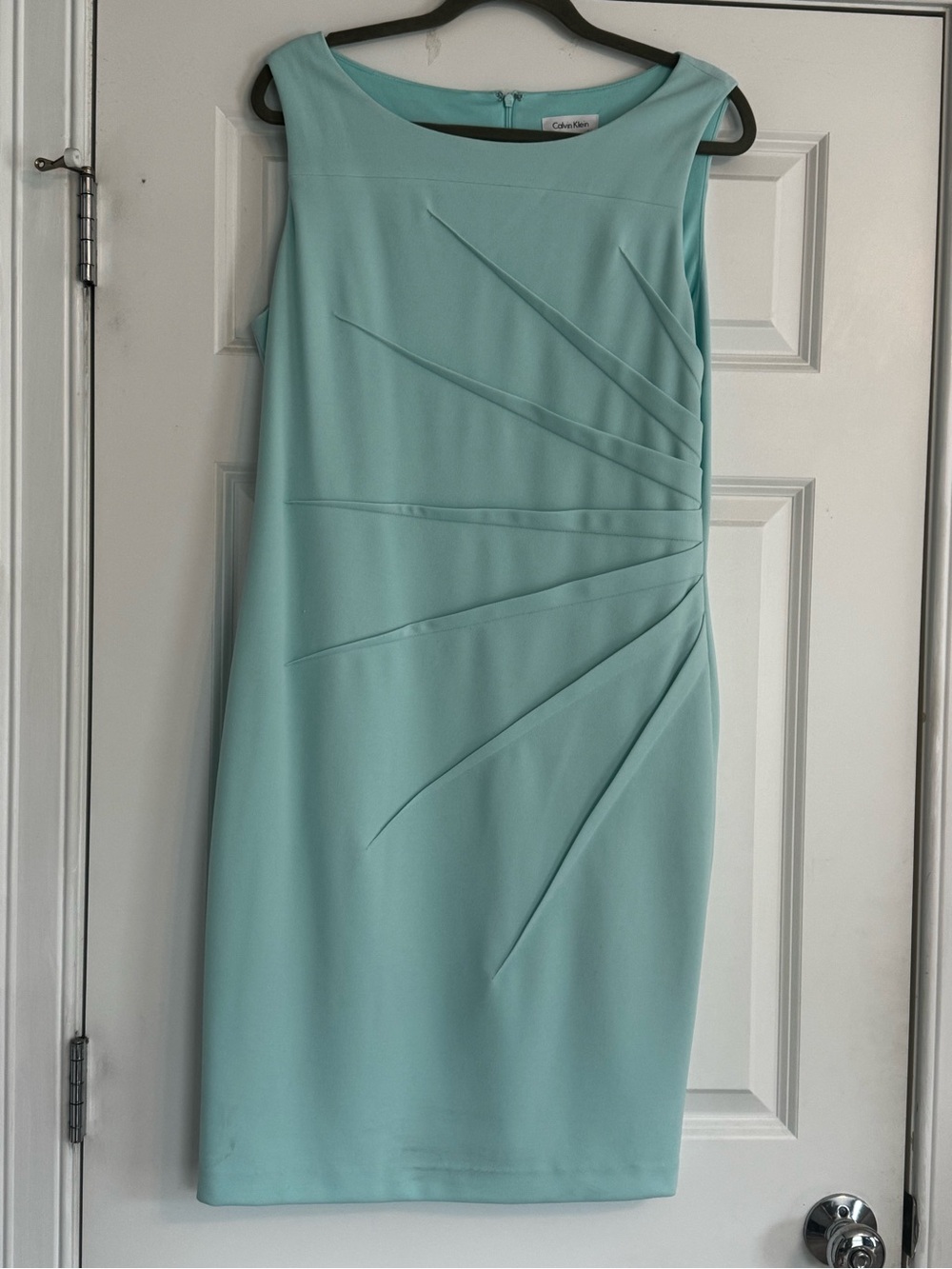 Calvin Klein Aqua Sleeveless Sheath Dress with Asymmetric Pleats